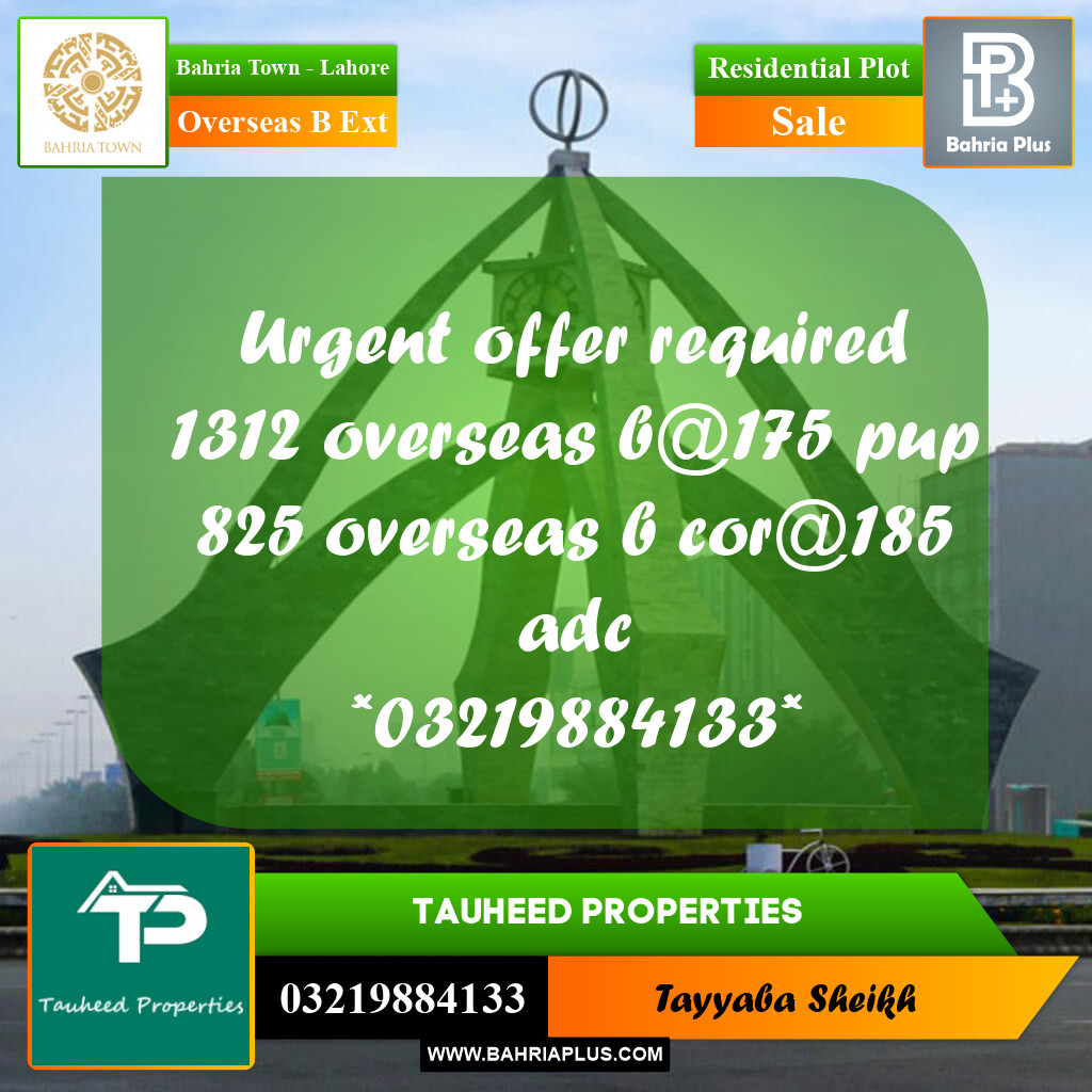 10 Marla Residential Plot for Sale in Overseas B Ext -  Bahria Town, Lahore - (BP-357767)