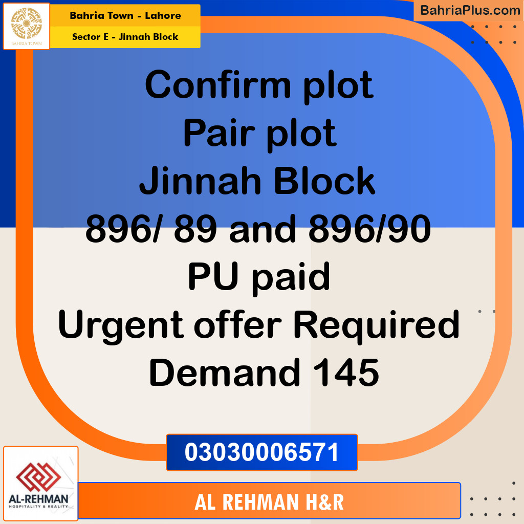 10 Marla Residential Plot for Sale in Sector E - Jinnah Block -  Bahria Town, Lahore - (BP-357855)