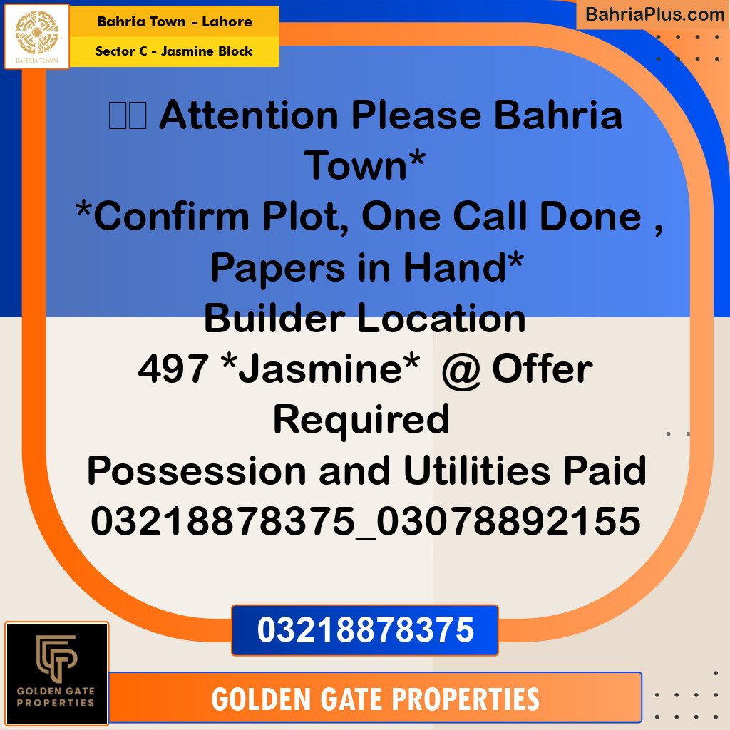 10 Marla Residential Plot for Sale in Sector C - Jasmine Block -  Bahria Town, Lahore - (BP-357945)