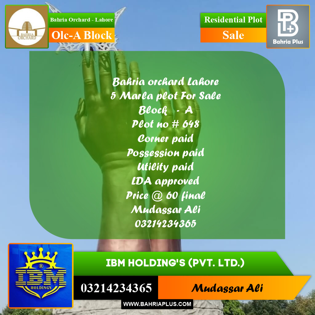 5 Marla Residential Plot for Sale in OLC-A Block -  Bahria Orchard, Lahore - (BP-358071)