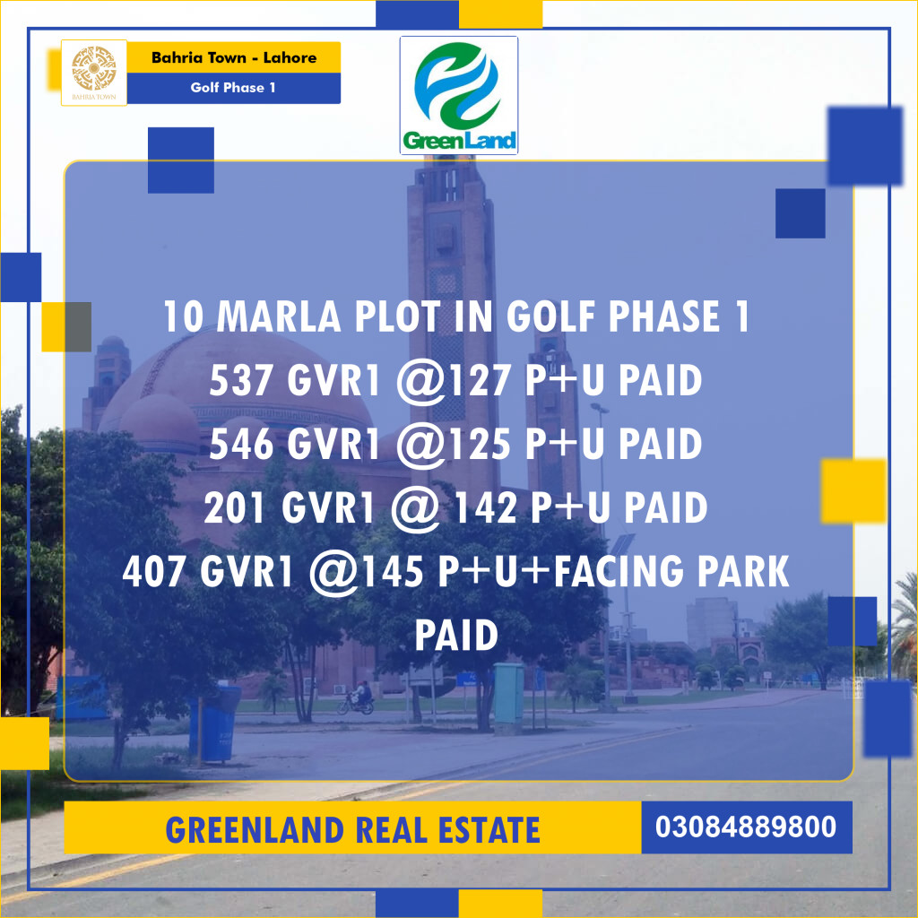 10 Marla Residential Plot for Sale in Golf Phase 1 -  Bahria Town, Lahore - (BP-358269)