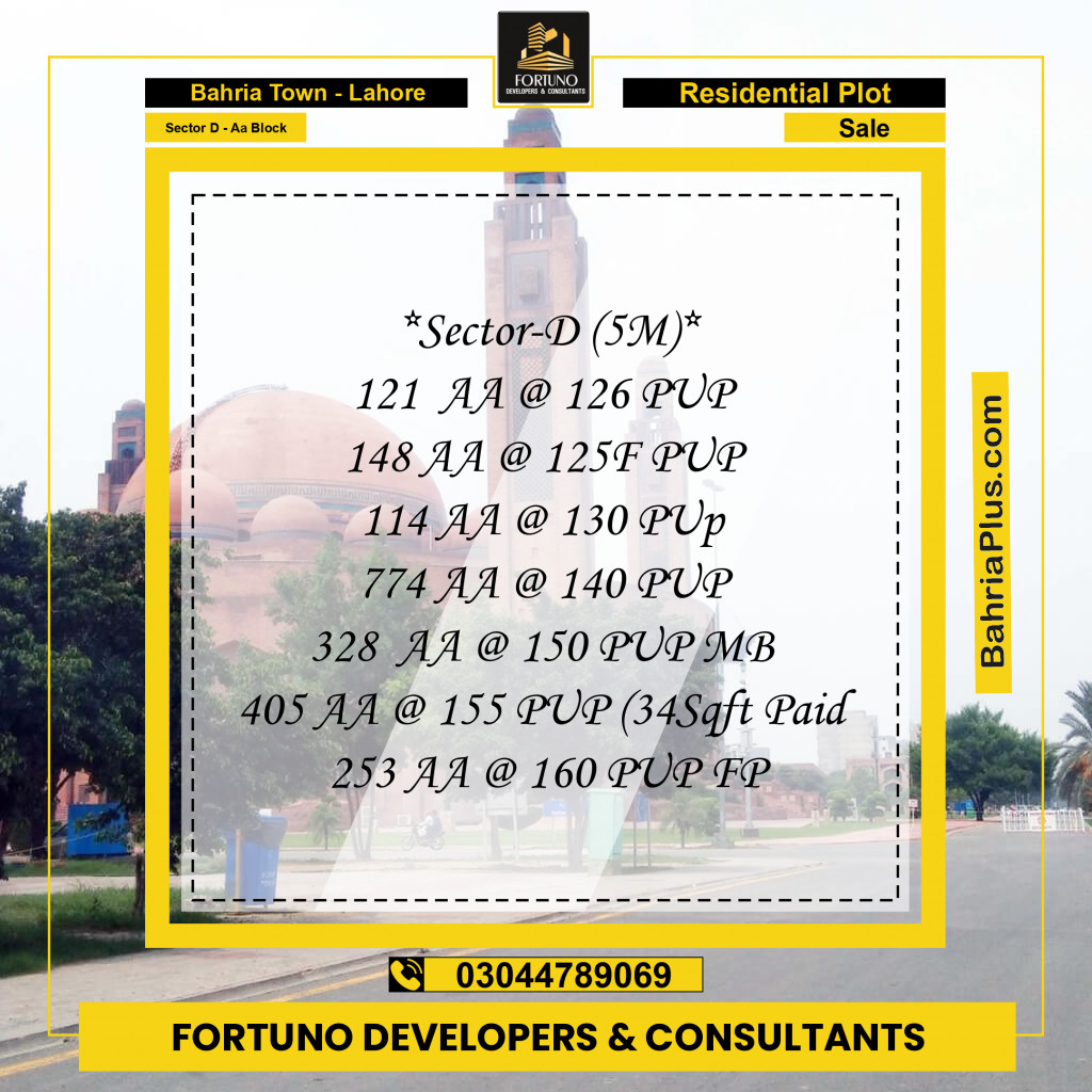 Residential Plot for Sale in Sector D - AA Block -  Bahria Town, Lahore - (BP-358389)