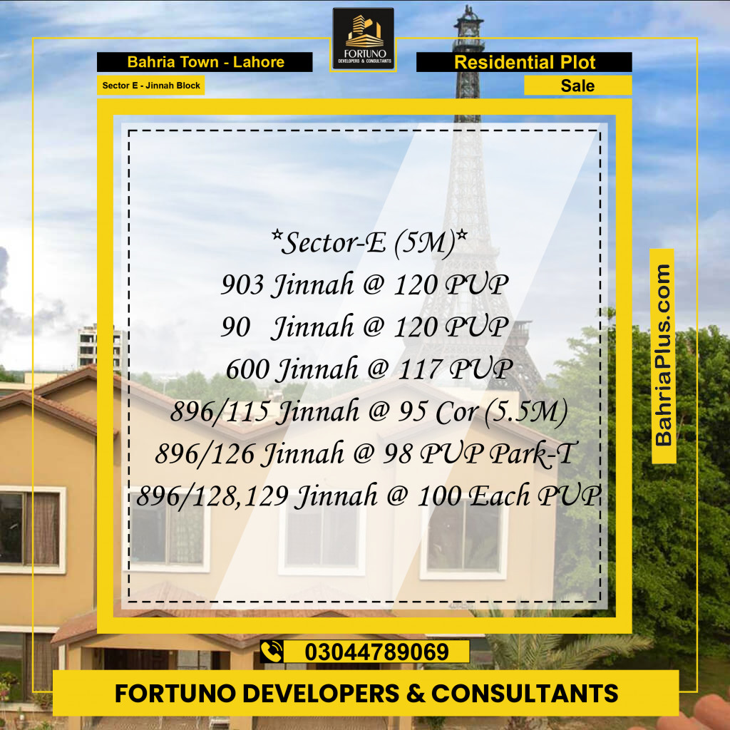 5 Marla Residential Plot for Sale in Sector E - Jinnah Block -  Bahria Town, Lahore - (BP-358395)