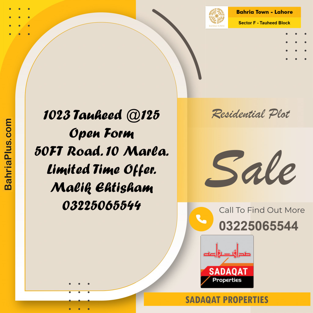 10 Marla Residential Plot for Sale in Sector F - Tauheed Block -  Bahria Town, Lahore - (BP-358401)
