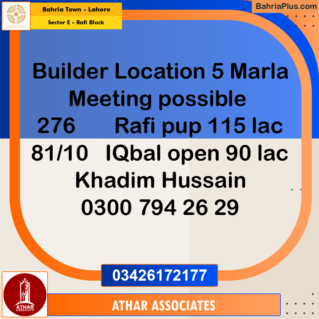 5 Marla Residential Plot for Sale in Sector E - Rafi Block -  Bahria Town, Lahore - (BP-358403)