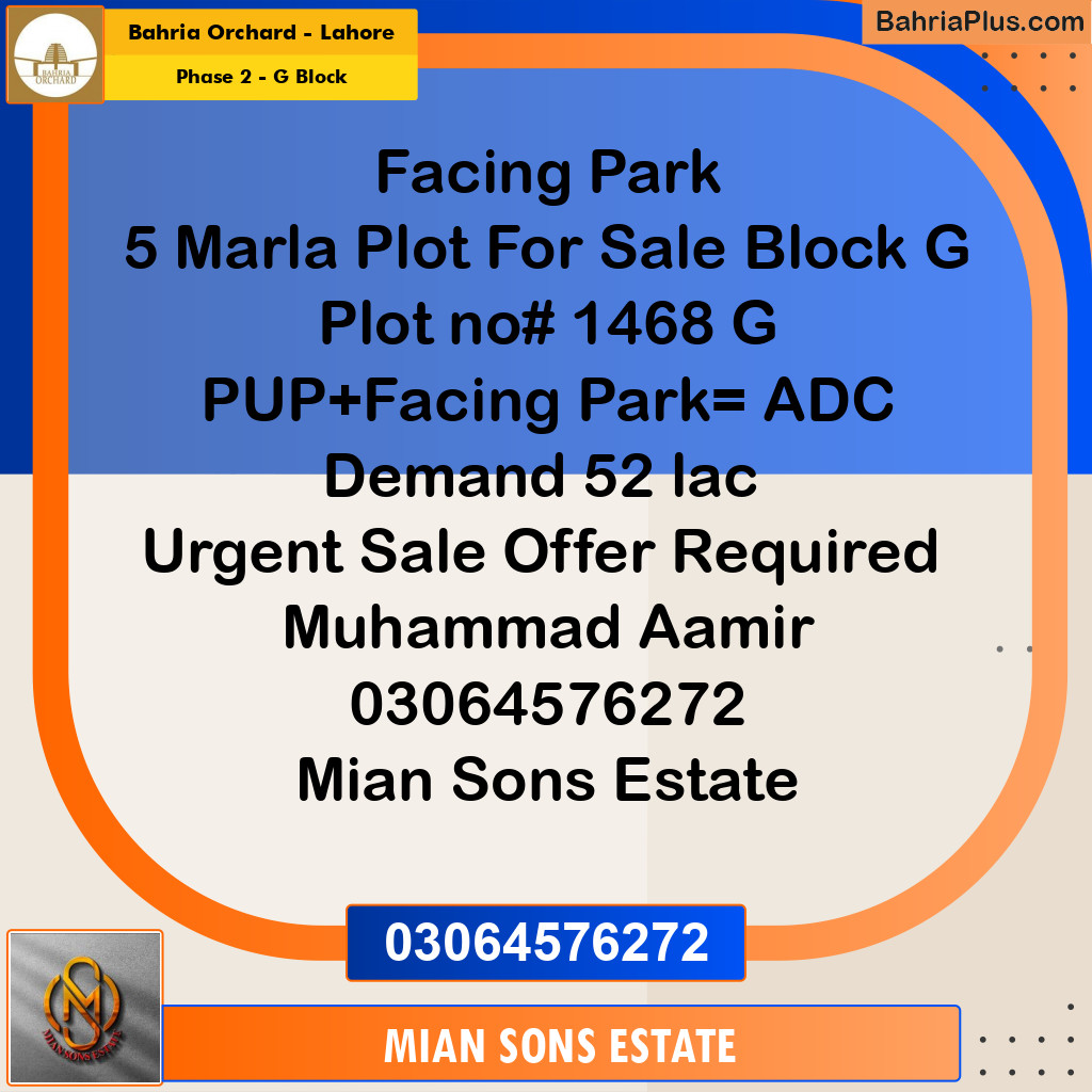 5 Marla Residential Plot for Sale in Phase 2 - G Block -  Bahria Orchard, Lahore - (BP-358452)