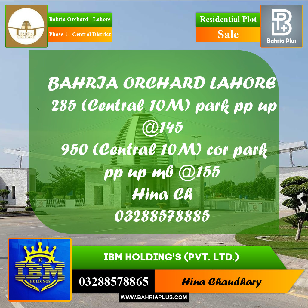 10 Marla Residential Plot for Sale in Phase 1 - Central District -  Bahria Orchard, Lahore - (BP-358613)