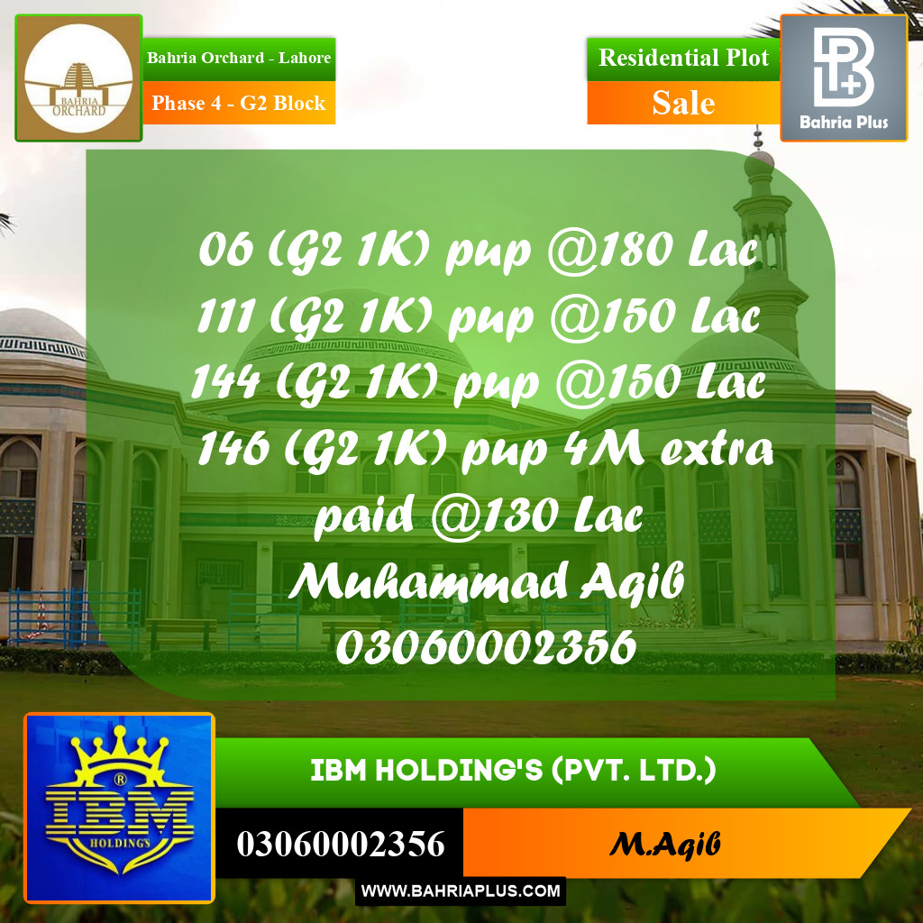 20 Marla Residential Plot for Sale in Phase 4 - G2 Block -  Bahria Orchard, Lahore - (BP-358672)