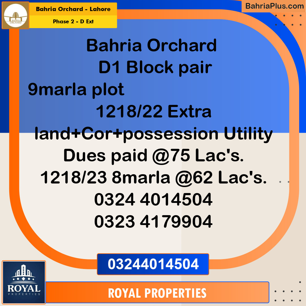 9 Marla Residential Plot for Sale in Phase 2 - D Ext -  Bahria Orchard, Lahore - (BP-358714)