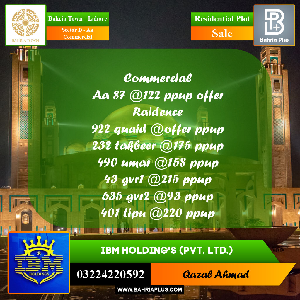 2 Marla Residential Plot for Sale in Sector D - AA Commercial -  Bahria Town, Lahore - (BP-358971)