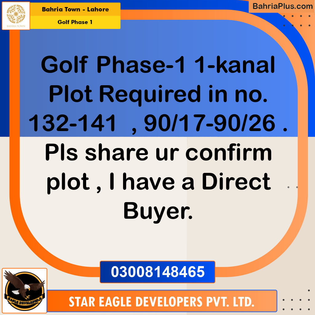 1 Kanal Residential Plot for Sale in Golf Phase 1 -  Bahria Town, Lahore - (BP-360715)