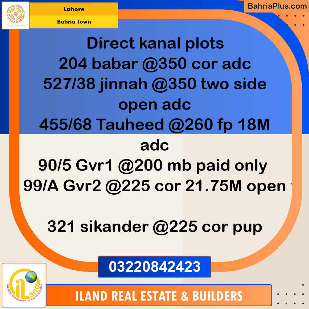 Residential Plot for Sale in Bahria Town, Lahore - (BP-360808)