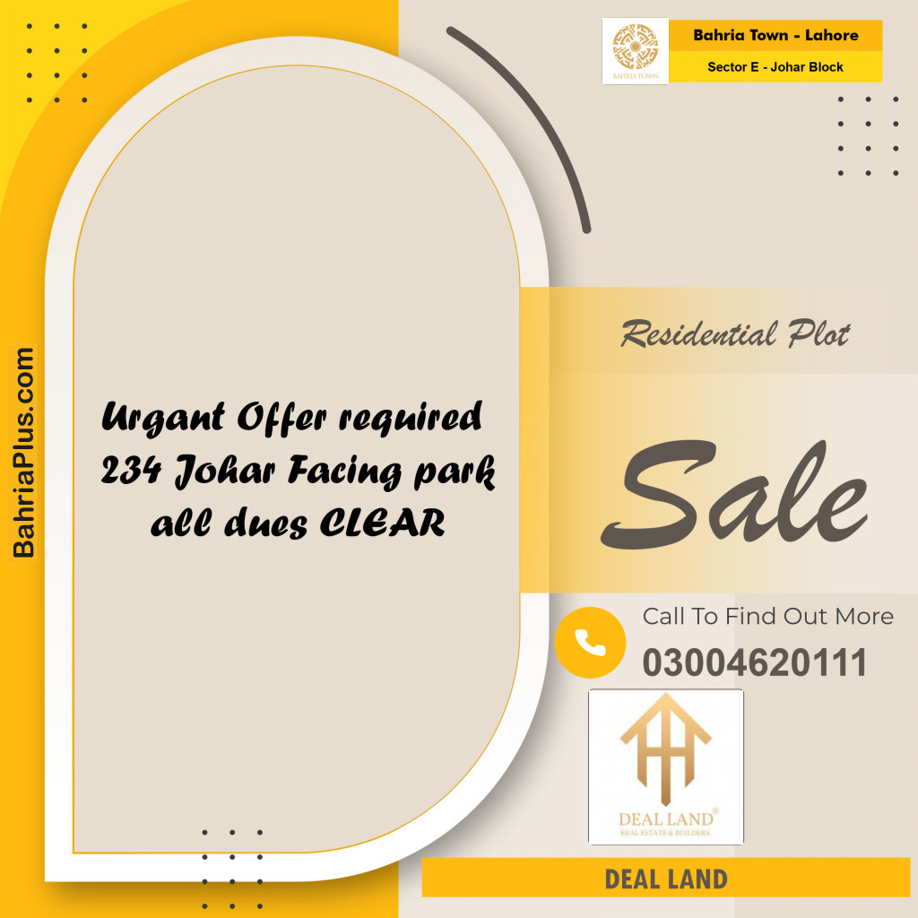 10 Marla Residential Plot for Sale in Sector E - Johar Block -  Bahria Town, Lahore - (BP-360850)