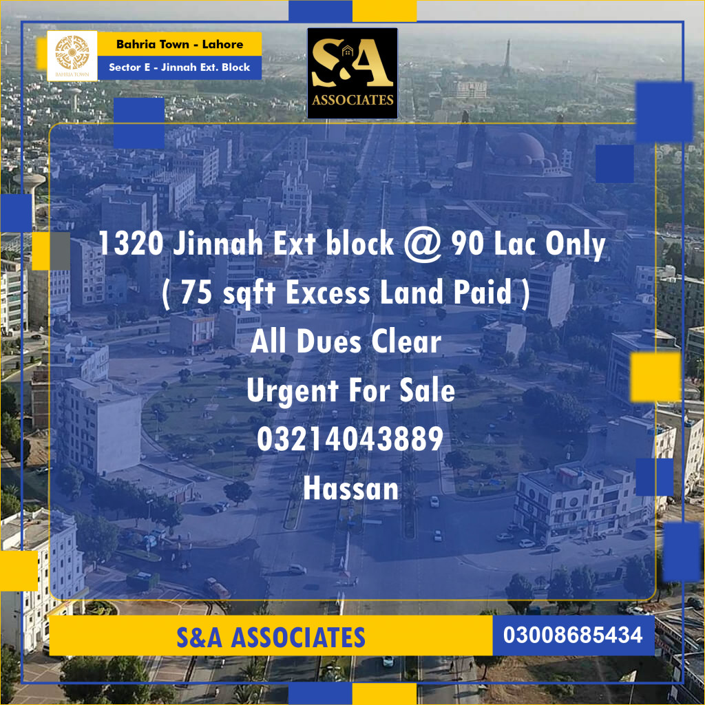 5.33 Marla Residential Plot for Sale in Sector E - Jinnah Ext. Block - Bahria Town, Lahore - (BP-361370)