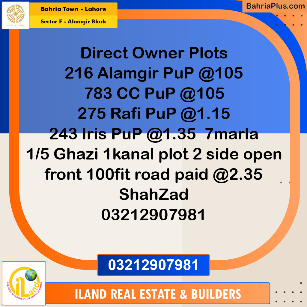 10 Marla Residential Plot for Sale in Sector F - Alamgir Block -  Bahria Town, Lahore - (BP-361491)
