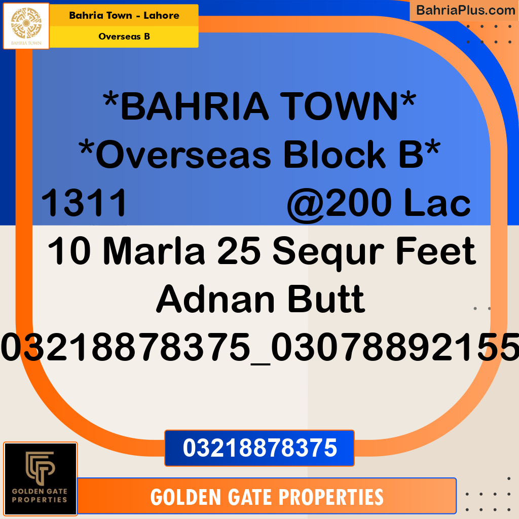 10 Marla Residential Plot for Sale in Overseas B -  Bahria Town, Lahore - (BP-361575)