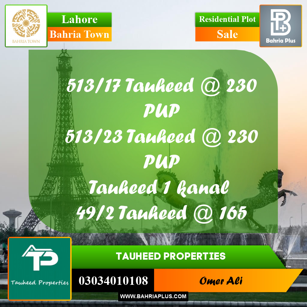 20 Marla Residential Plot for Sale in Bahria Town, Lahore - (BP-361618)
