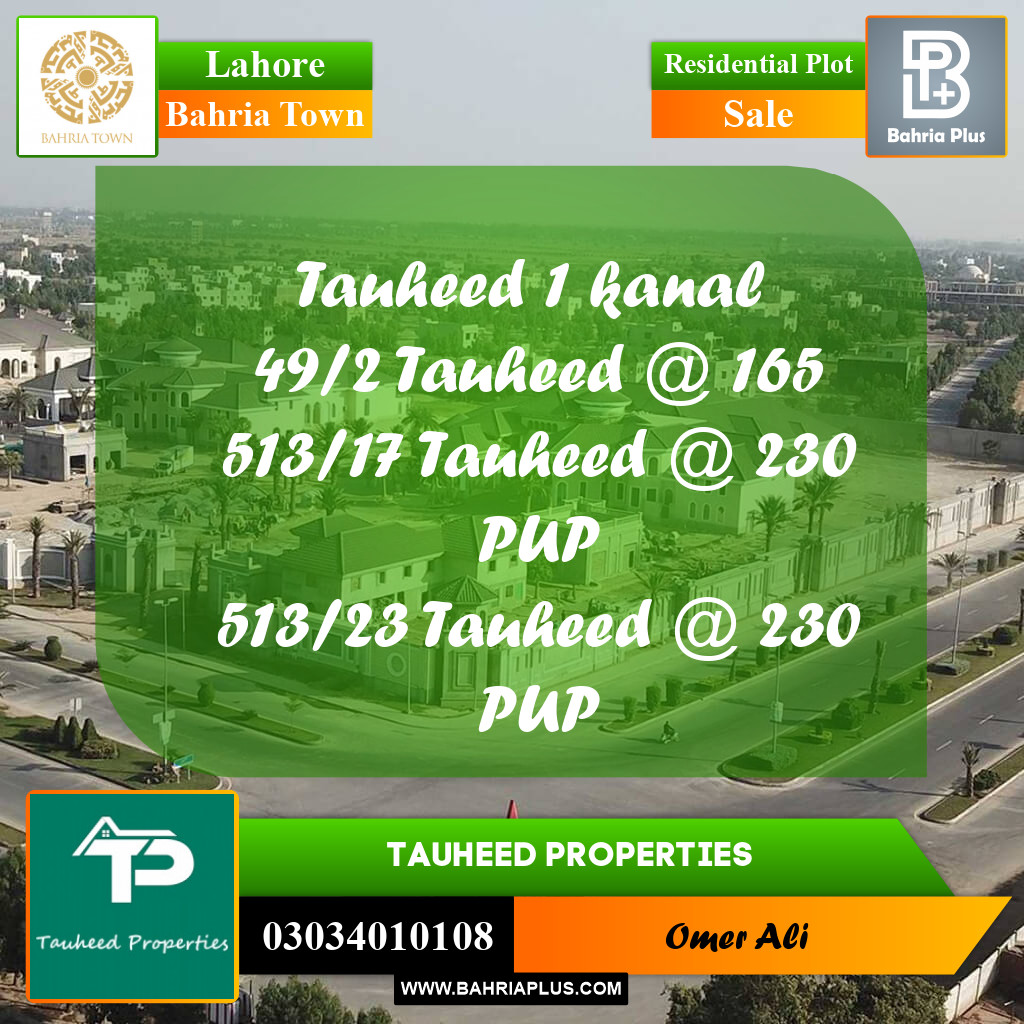20 Marla Residential Plot for Sale in Bahria Town, Lahore - (BP-361922)
