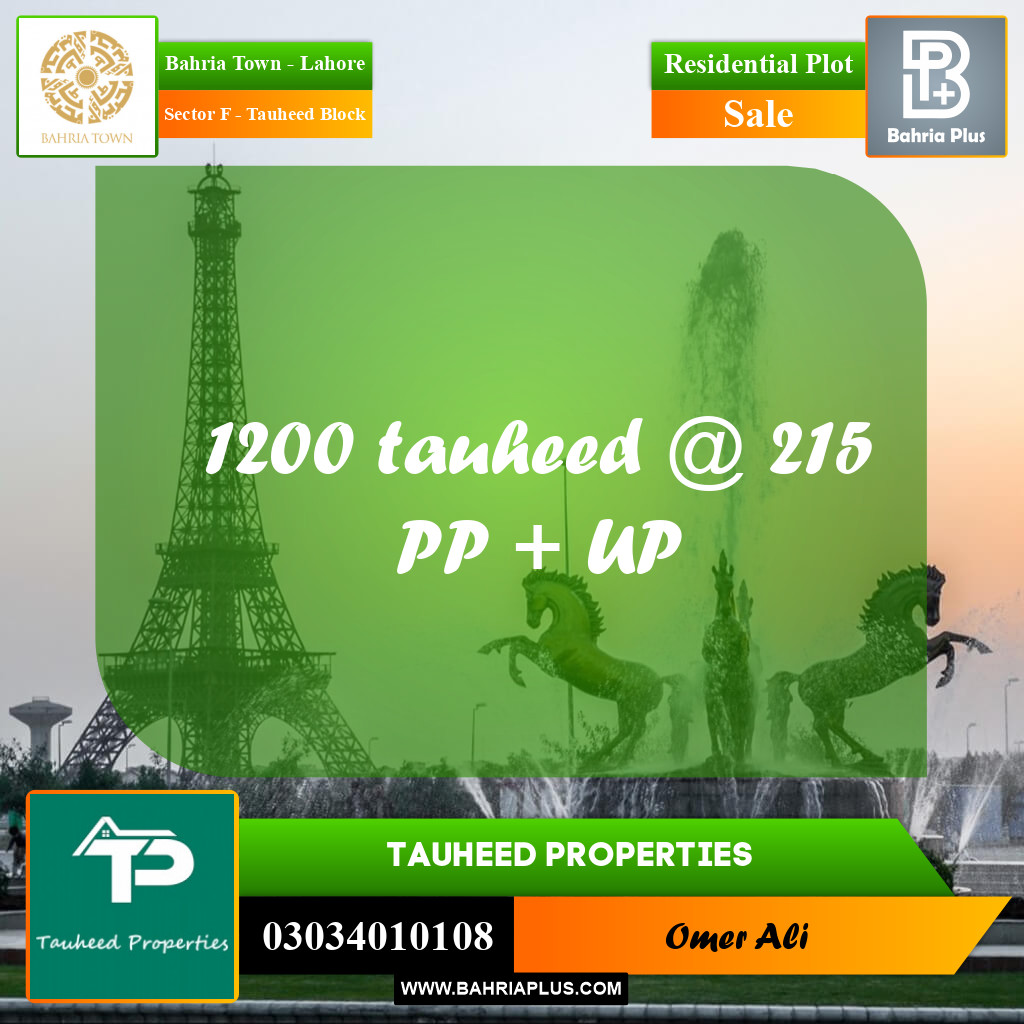 20 Marla Residential Plot for Sale in Sector F - Tauheed Block -  Bahria Town, Lahore - (BP-361928)