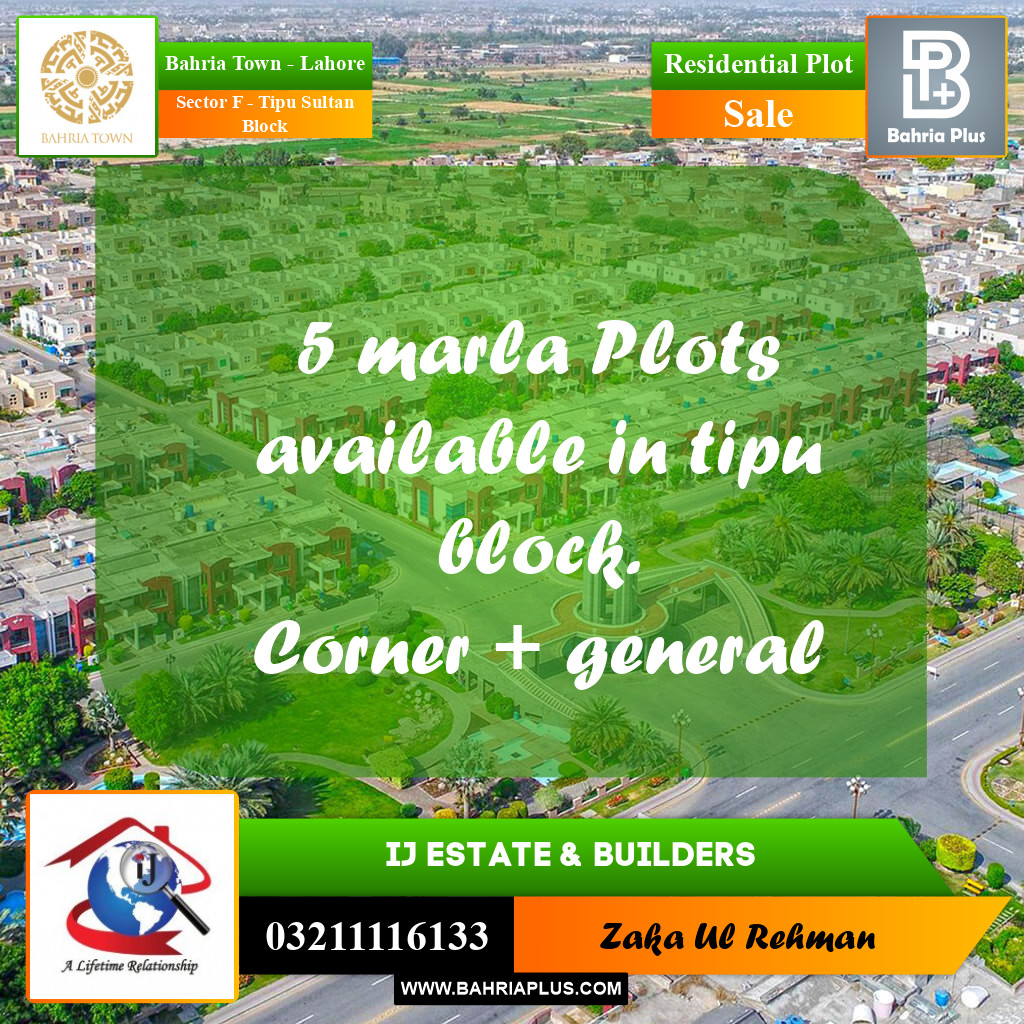 5 Marla Residential Plot for Sale in Sector F - Tipu Sultan Block -  Bahria Town, Lahore - (BP-361952)