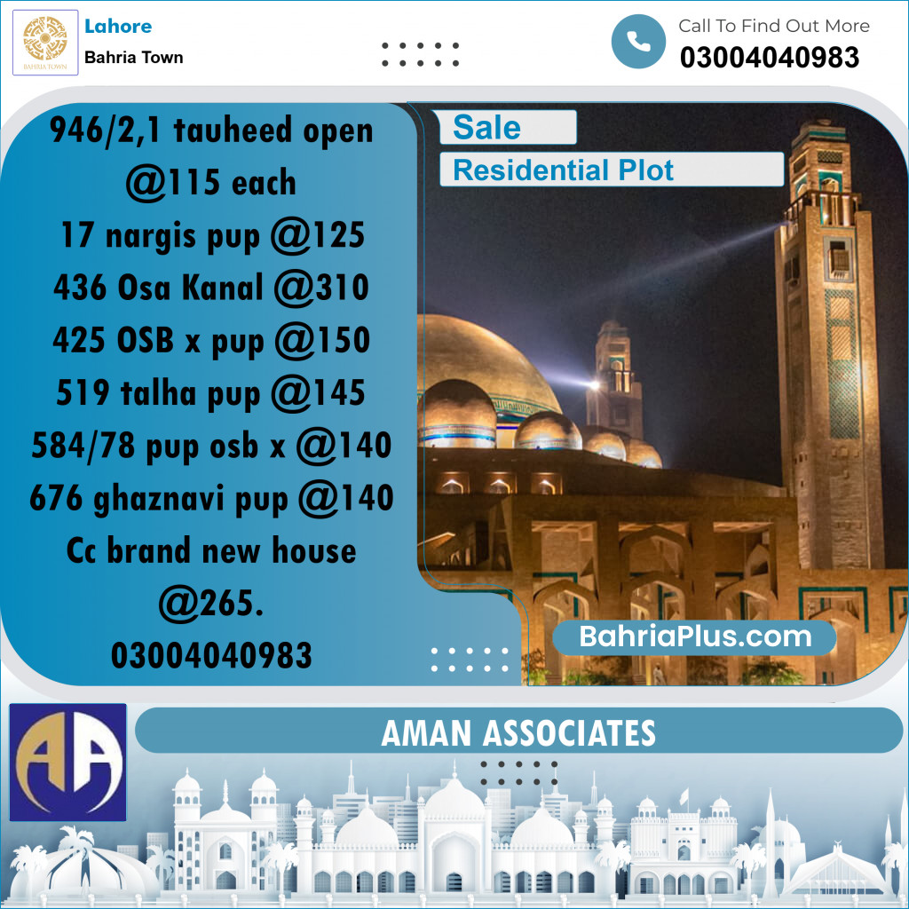 Residential Plot for Sale in Bahria Town, Lahore - (BP-362031)