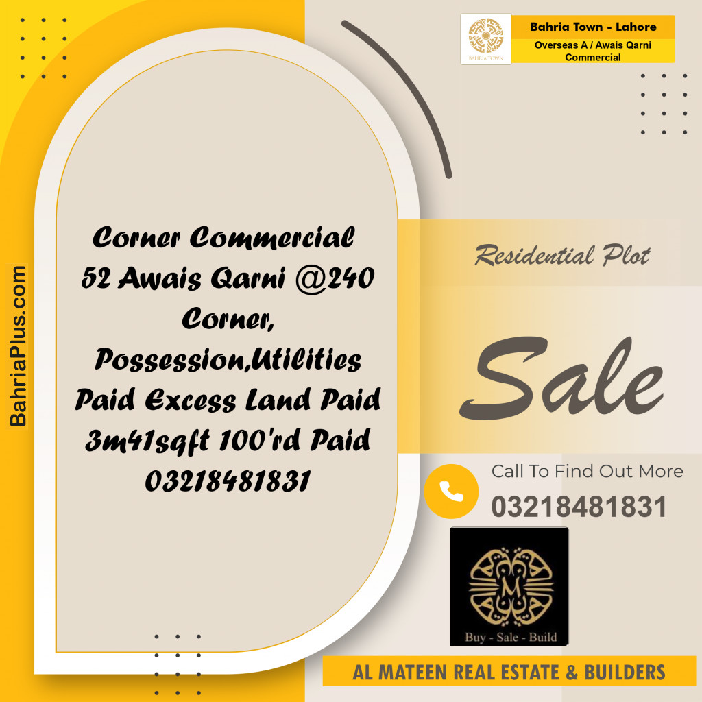 3.41 Marla Residential Plot for Sale in Overseas A / Awais Qarni Commercial -  Bahria Town, Lahore - (BP-362256)