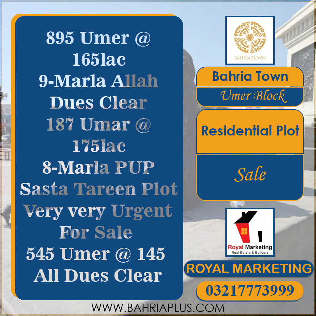 8 Marla Residential Plot for Sale in Sector B - Umer Block -  Bahria Town, Lahore - (BP-363222)