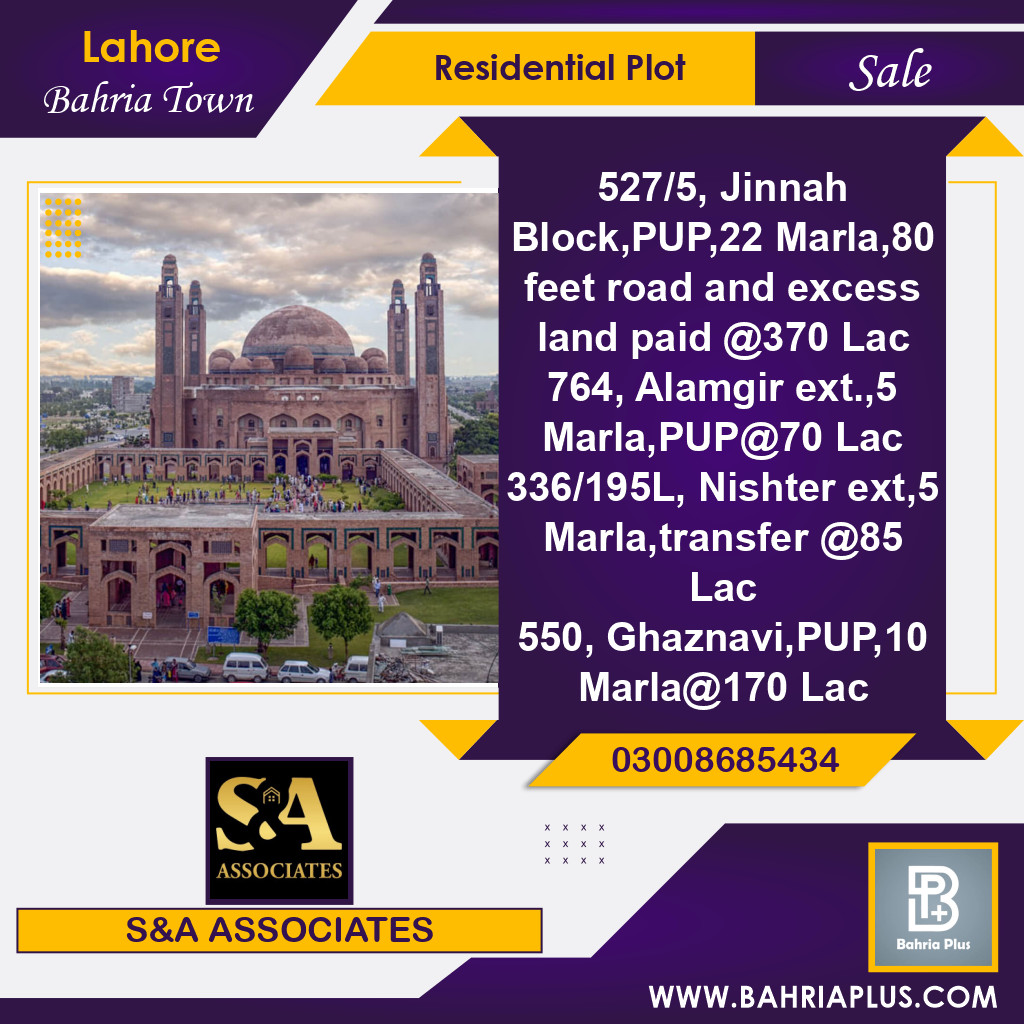 Residential Plot for Sale in Bahria Town, Lahore - (BP-363954)