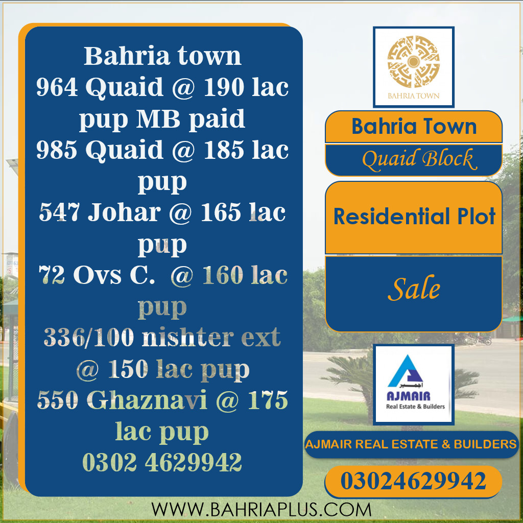10 Marla Residential Plot for Sale in Sector E - Quaid Block -  Bahria Town, Lahore - (BP-364067)