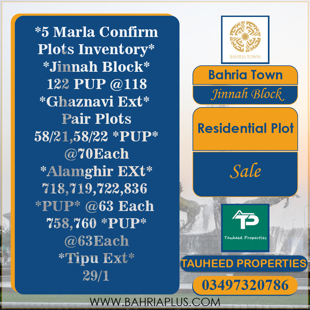 5 Marla Residential Plot for Sale in Sector E - Jinnah Block -  Bahria Town, Lahore - (BP-364406)
