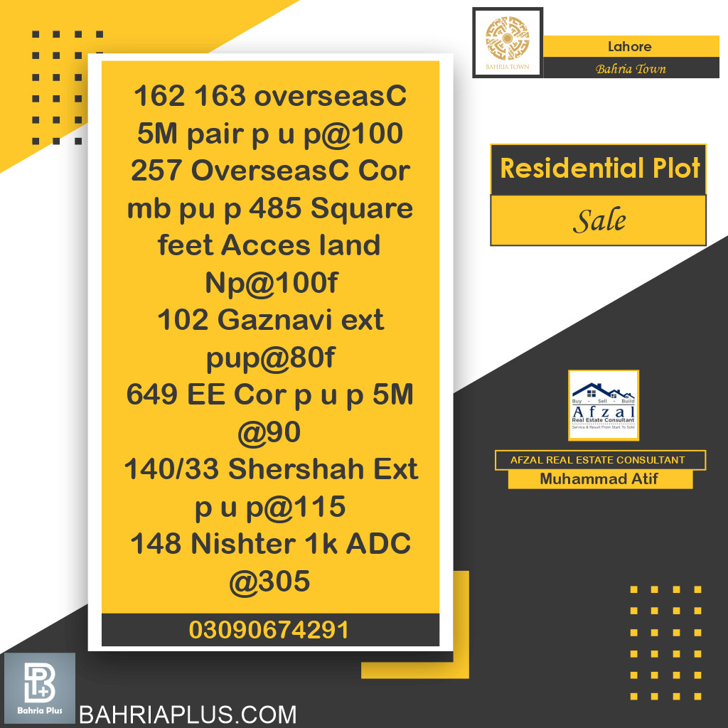 Residential Plot for Sale in Bahria Town, Lahore - (BP-365663)