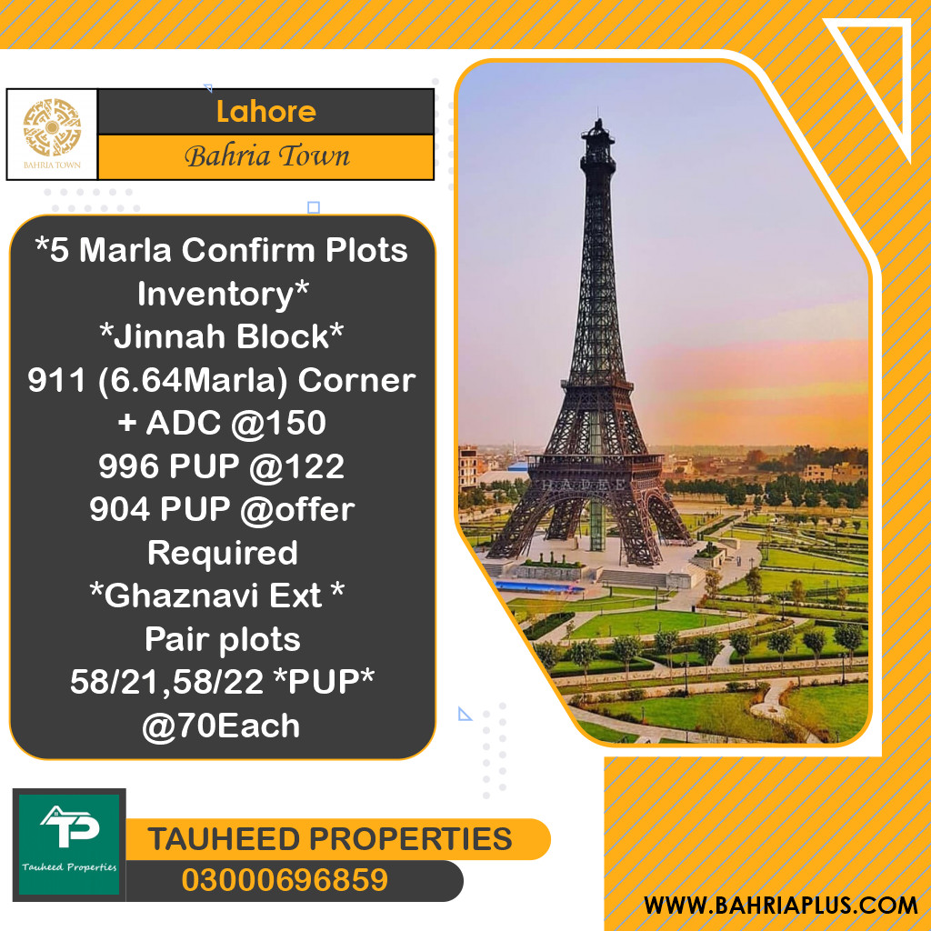 5 Marla Residential Plot for Sale in Bahria Town, Lahore - (BP-365904)