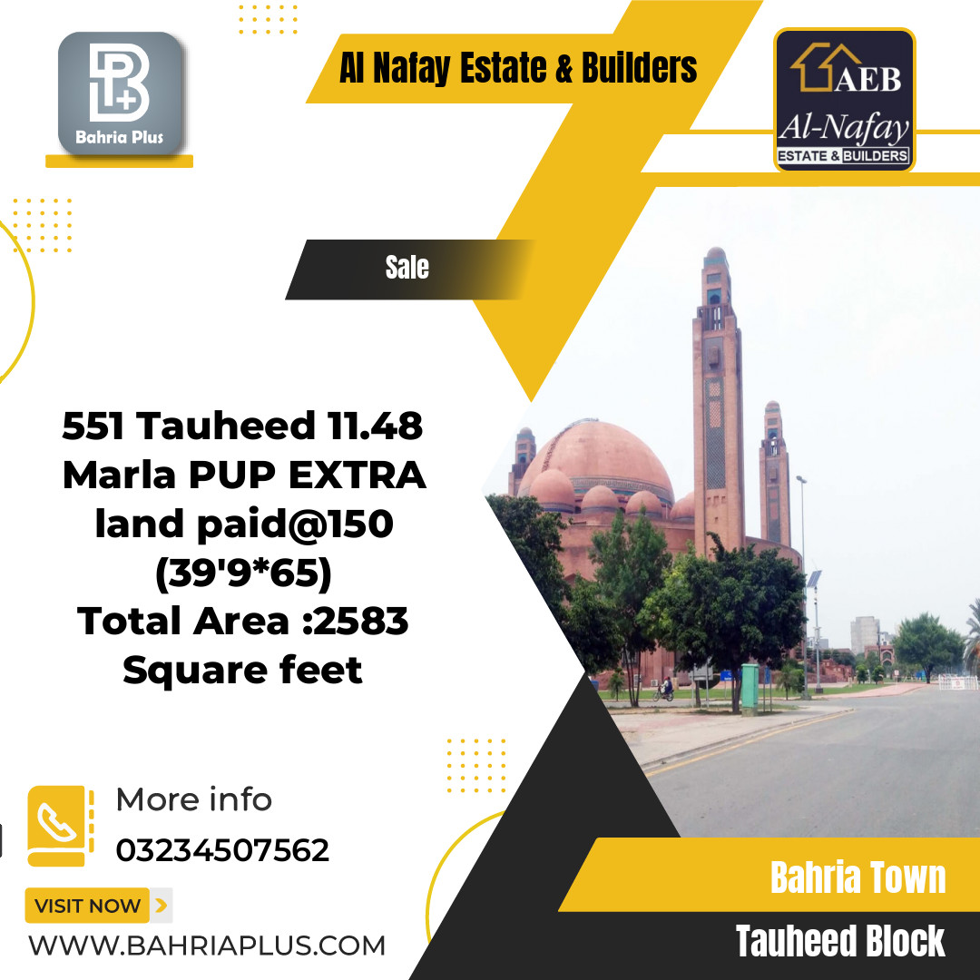 11 Marla Residential Plot for Sale in Sector F - Tauheed Block -  Bahria Town, Lahore - (BP-366758)