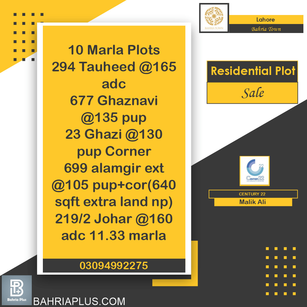 10 Marla Residential Plot for Sale in Bahria Town, Lahore - (BP-366764)
