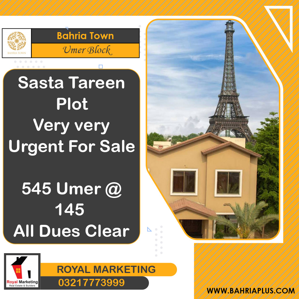 8 Marla Residential Plot for Sale in Sector B - Umer Block -  Bahria Town, Lahore - (BP-367151)