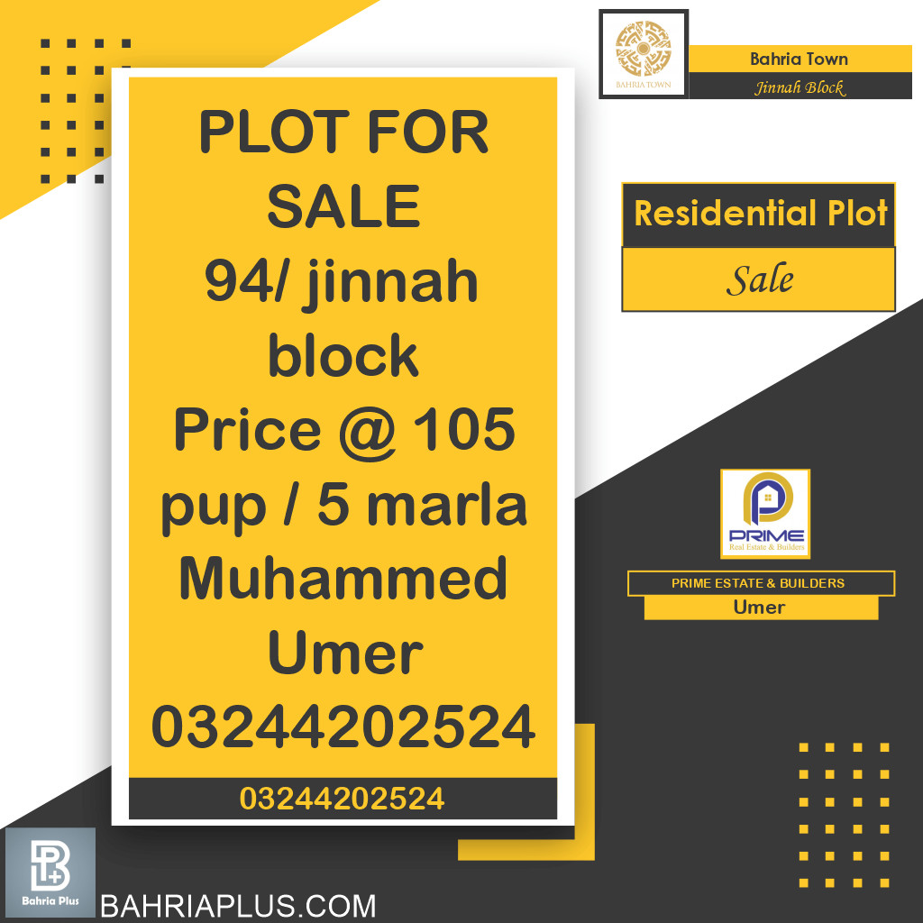 5 Marla Residential Plot for Sale in Sector E - Jinnah Block -  Bahria Town, Lahore - (BP-367438)