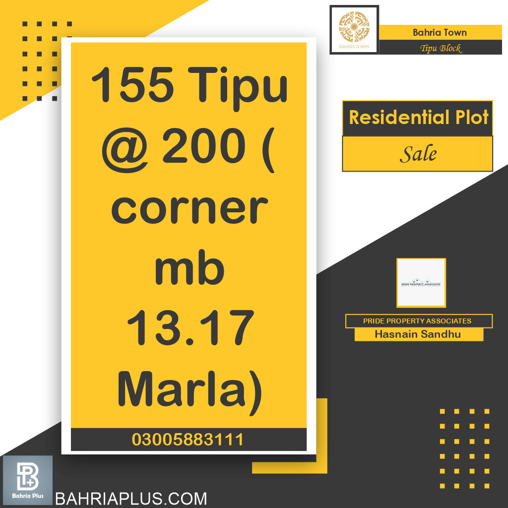 13.17 Marla Residential Plot for Sale in Sector F - Tipu Sultan Block -  Bahria Town, Lahore - (BP-368286)
