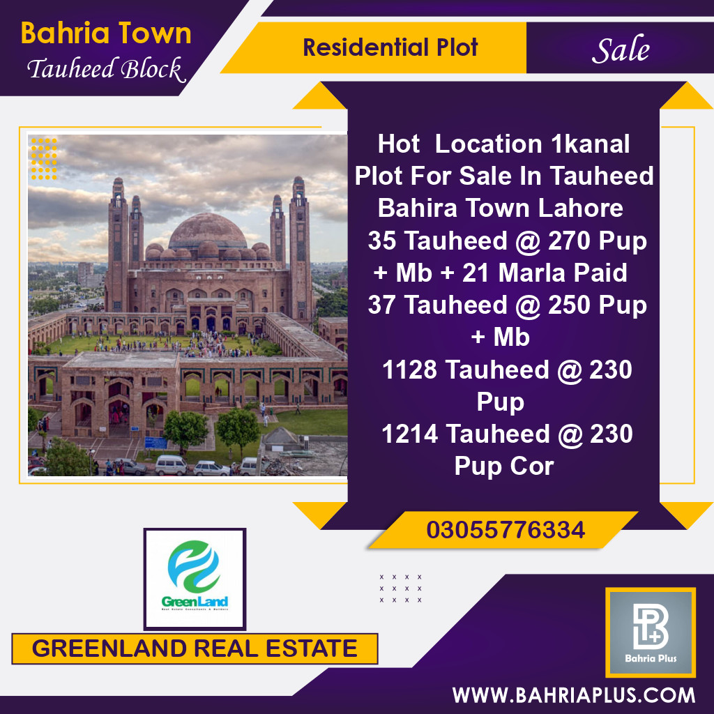 1 Kanal Residential Plot for Sale in Sector F - Tauheed Block -  Bahria Town, Lahore - (BP-369148)