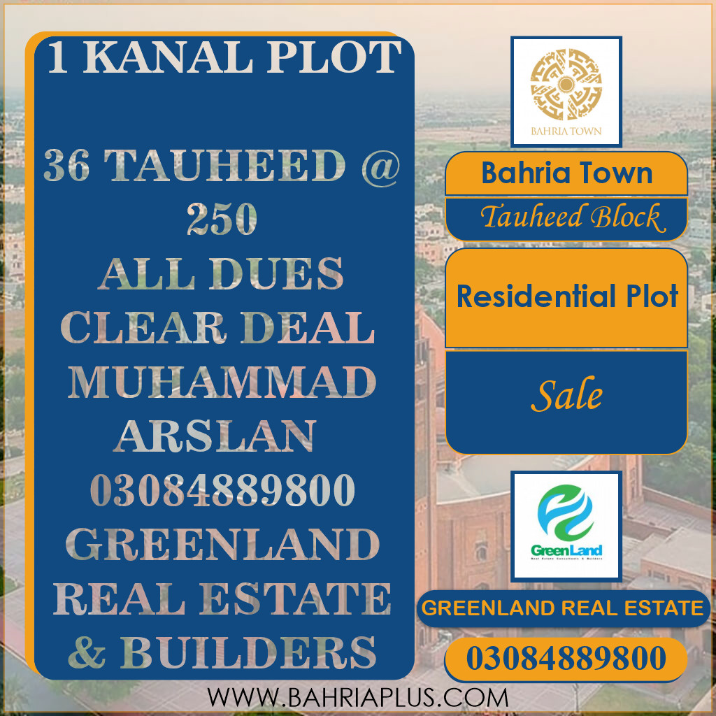 20 Marla Residential Plot for Sale in Sector F - Tauheed Block -  Bahria Town, Lahore - (BP-369624)
