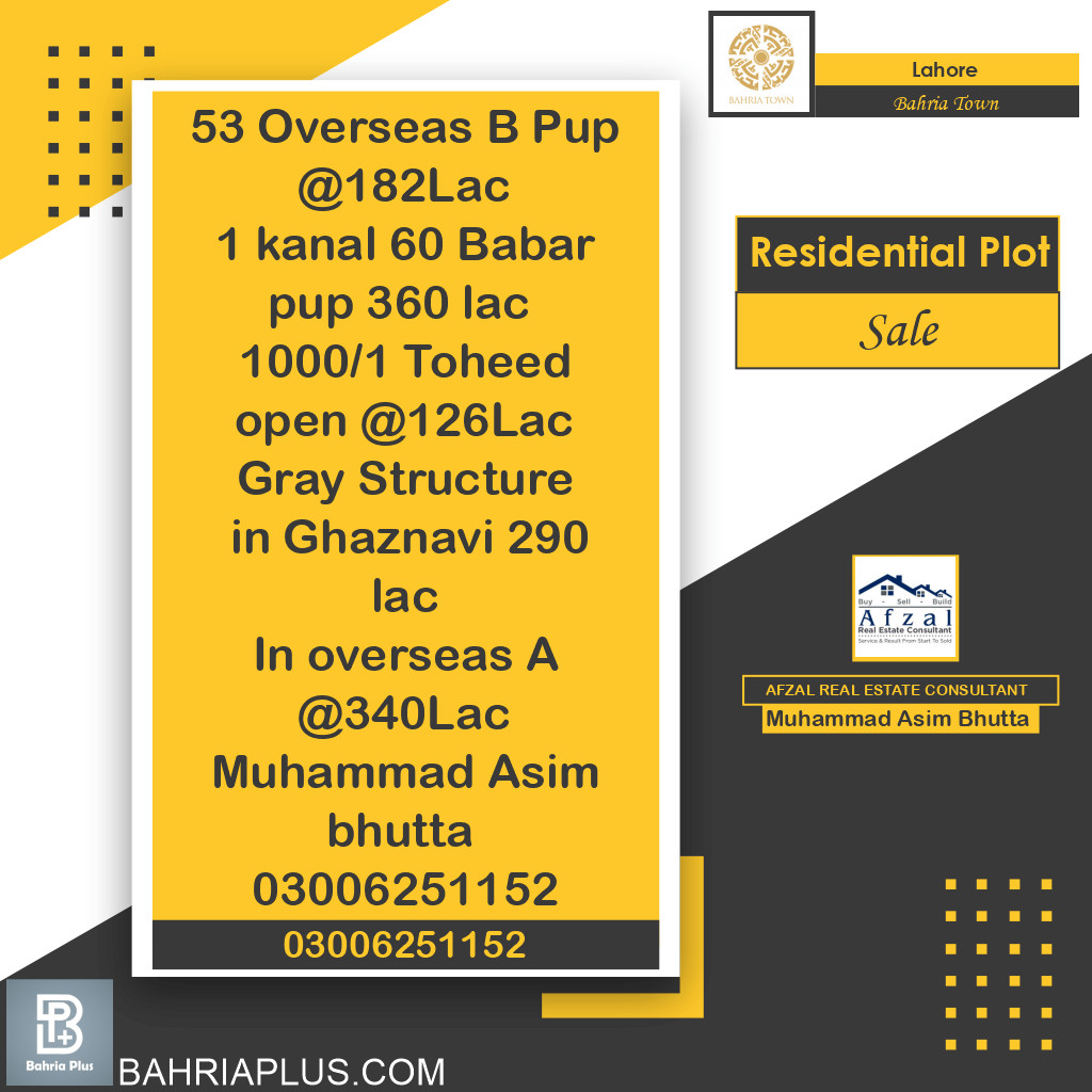 10 Marla Residential Plot for Sale in Bahria Town, Lahore - (BP-370324)