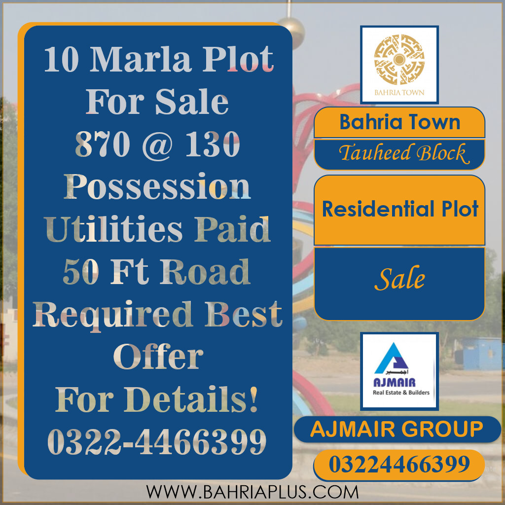 10 Marla Residential Plot for Sale in Sector F - Tauheed Block -  Bahria Town, Lahore - (BP-371528)