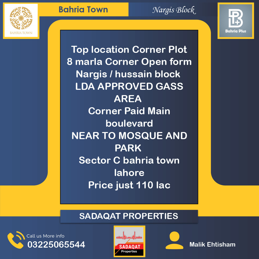 8 Marla Residential Plot for Sale in Sector C - Nargis/Hussain Block -  Bahria Town, Lahore - (BP-372243)