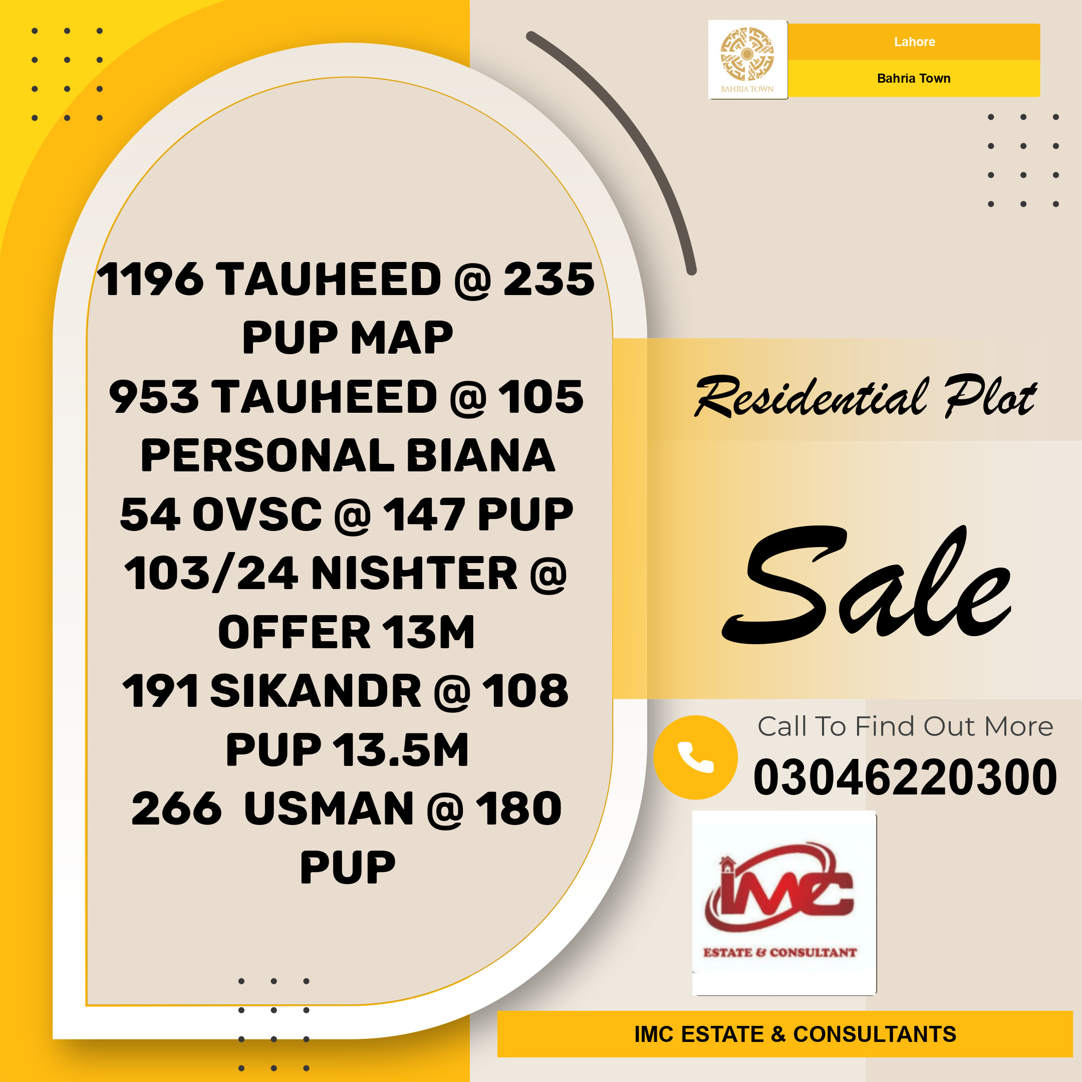 Residential Plot for Sale in Bahria Town, Lahore - (BP-373105)