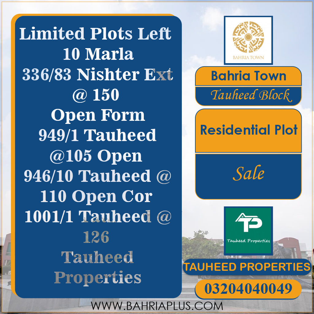 10 Marla Residential Plot for Sale in Sector F - Tauheed Block -  Bahria Town, Lahore - (BP-374033)
