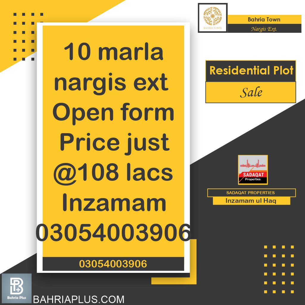10 Marla Residential Plot for Sale in Sector C - Nargis/Hussain Ext. -  Bahria Town, Lahore - (BP-375032)