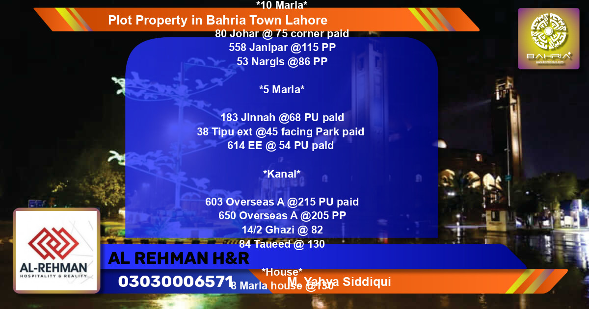 Residential Plot for Sale in Bahria Town, Lahore - (BP-38474)
