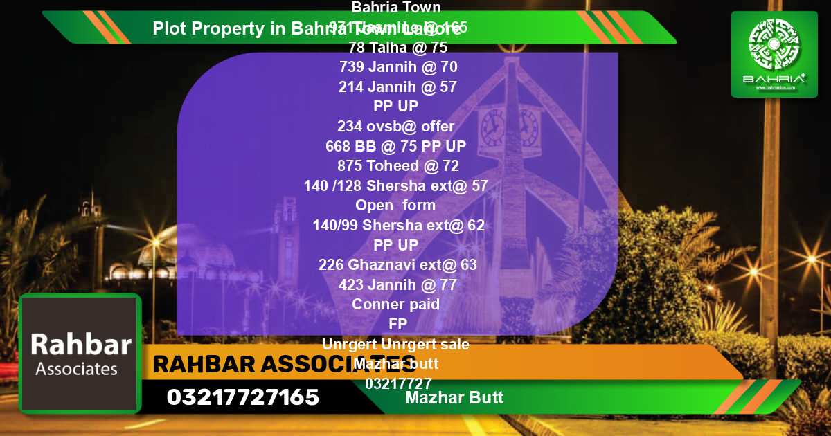 Residential Plot for Sale in Bahria Town, Lahore - (BP-38521)