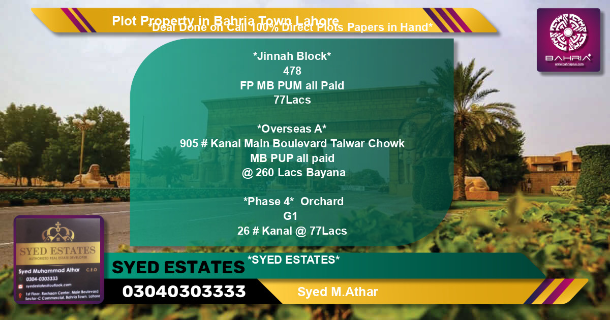 Residential Plot for Sale in Bahria Town, Lahore - (BP-42702)