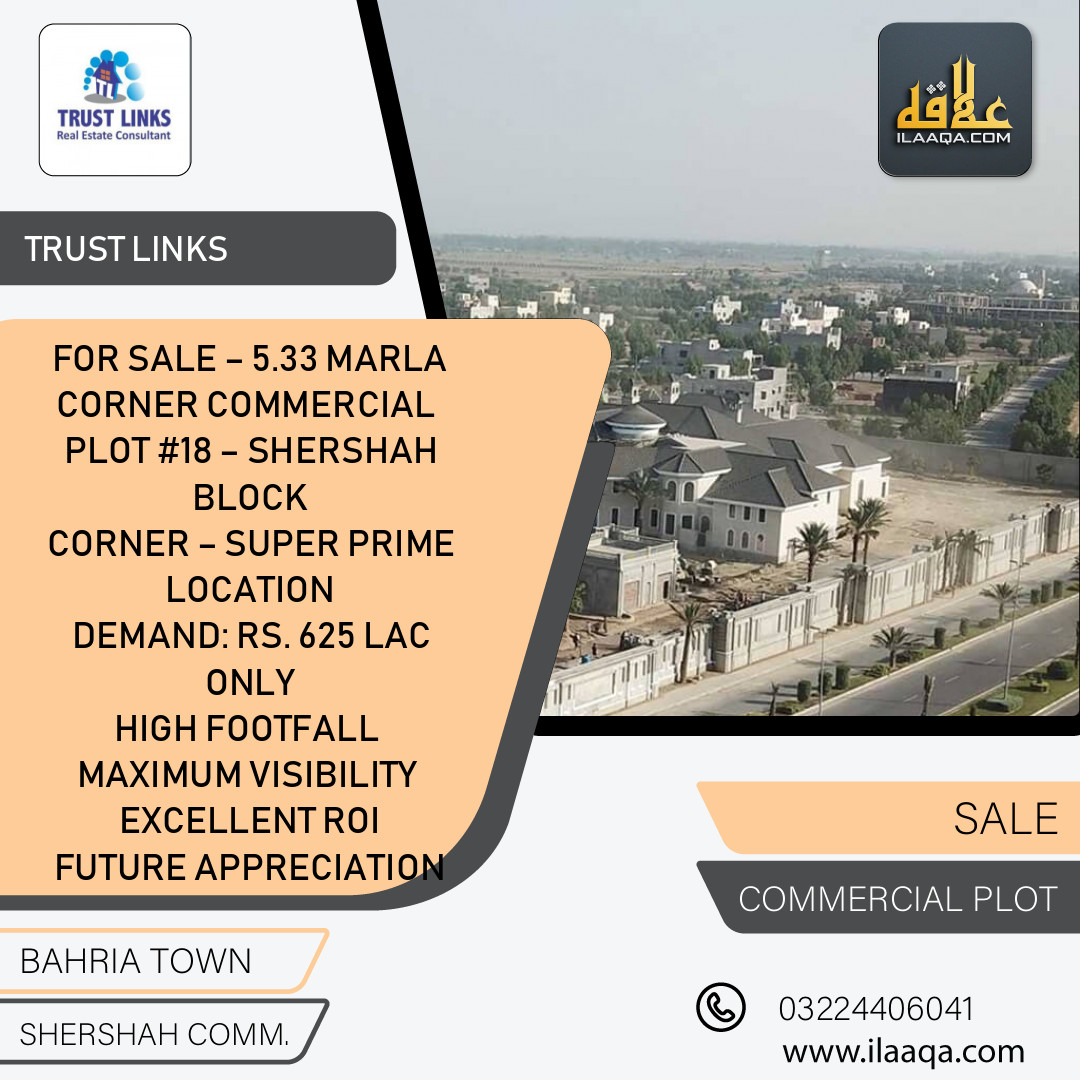 5.33 Marla Commercial Plot for Sale in Sector F - Shershah Commercial -  Bahria Town, Lahore - (BP-432277)
