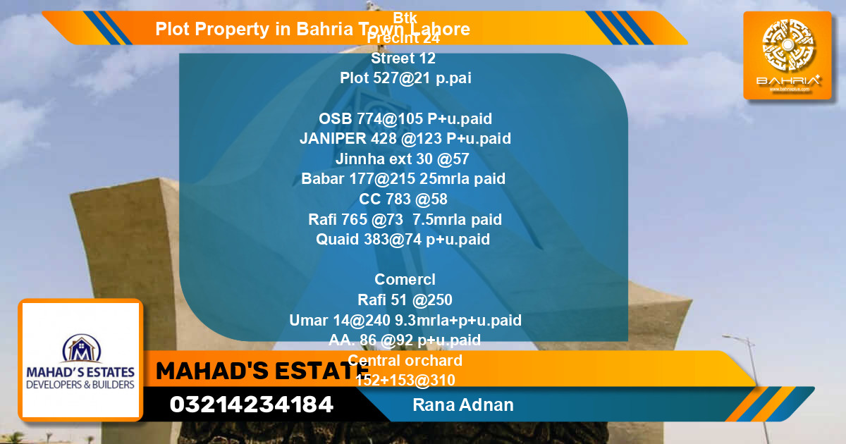 Residential Plot for Sale in Bahria Town, Lahore - (BP-43902)